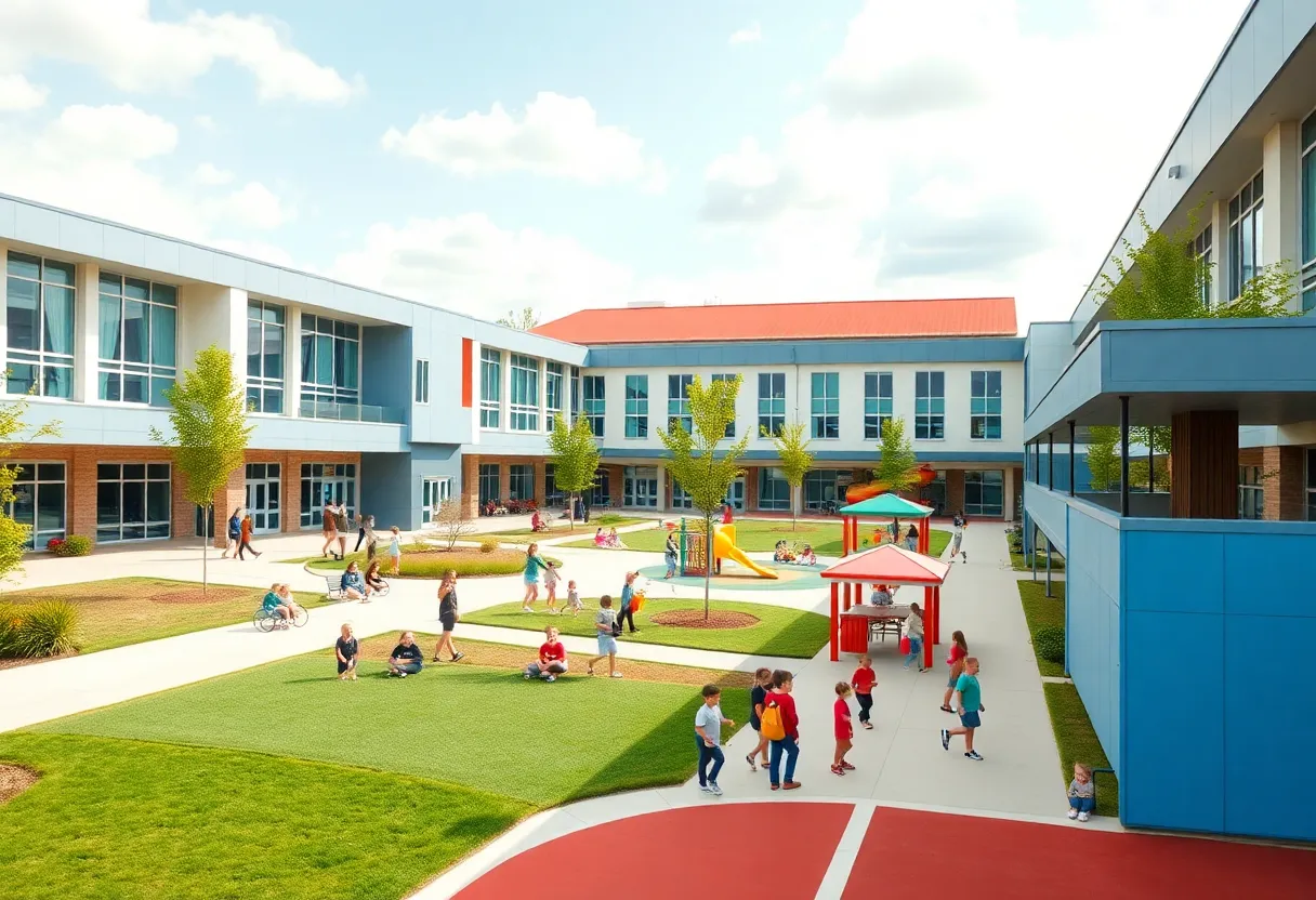 Exterior view of renovated Flint Community Schools with children playing