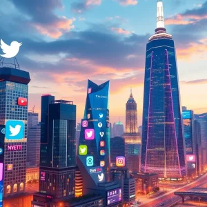 Futuristic cityscape with social media icons