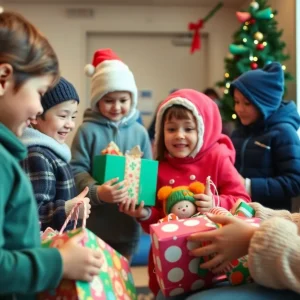 Children smiling while receiving toys at a Hawaii toy drive event.