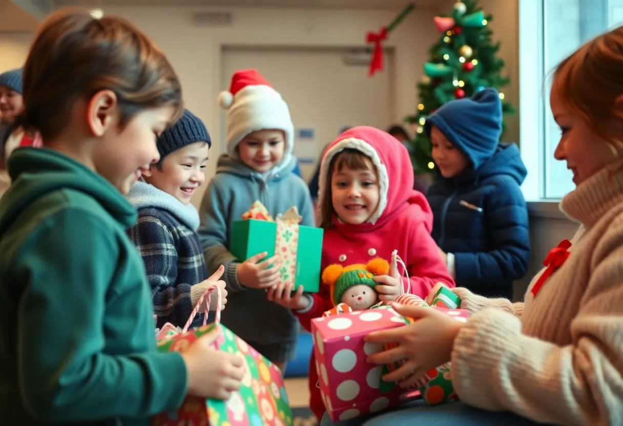 Children smiling while receiving toys at a Hawaii toy drive event.