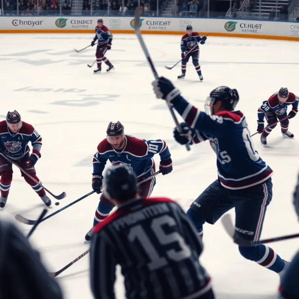 Players of Howell Hockey Team competing in an intense match on ice.