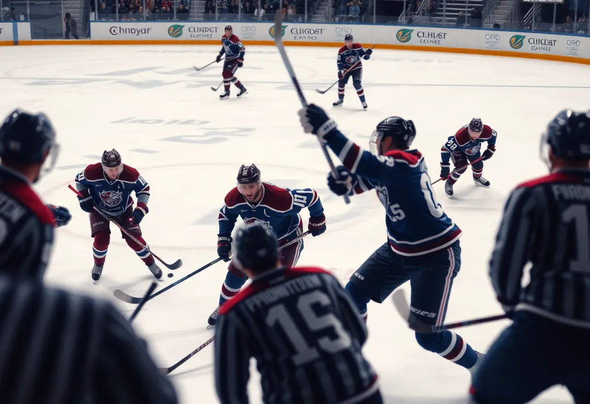 Players of Howell Hockey Team competing in an intense match on ice.