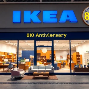 A lively Ikea store celebrating its 80th anniversary with various furniture displays