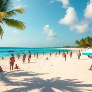 Beautiful beach scene in Jamaica with tourists enjoying the sun.