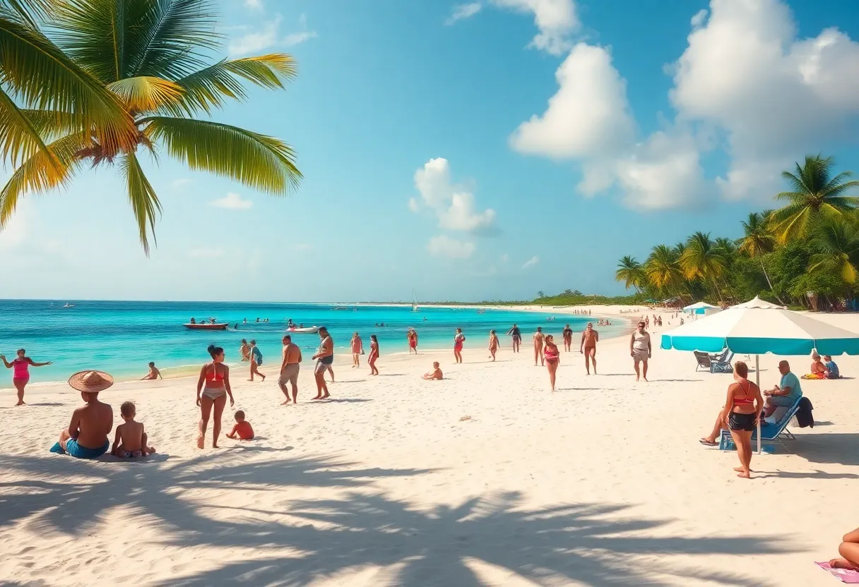 Beautiful beach scene in Jamaica with tourists enjoying the sun.