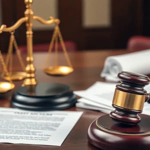 A courtroom scene depicting justice with gavel and legal documents