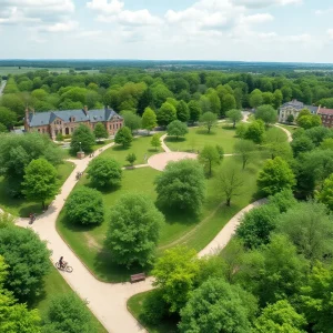 Proposed design of Legacy Park with trails and greenery