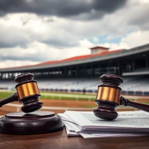 Legal documents and a gavel on a horse racing track