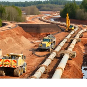 Aerial view of Line 5 pipeline tunnel construction site near water.