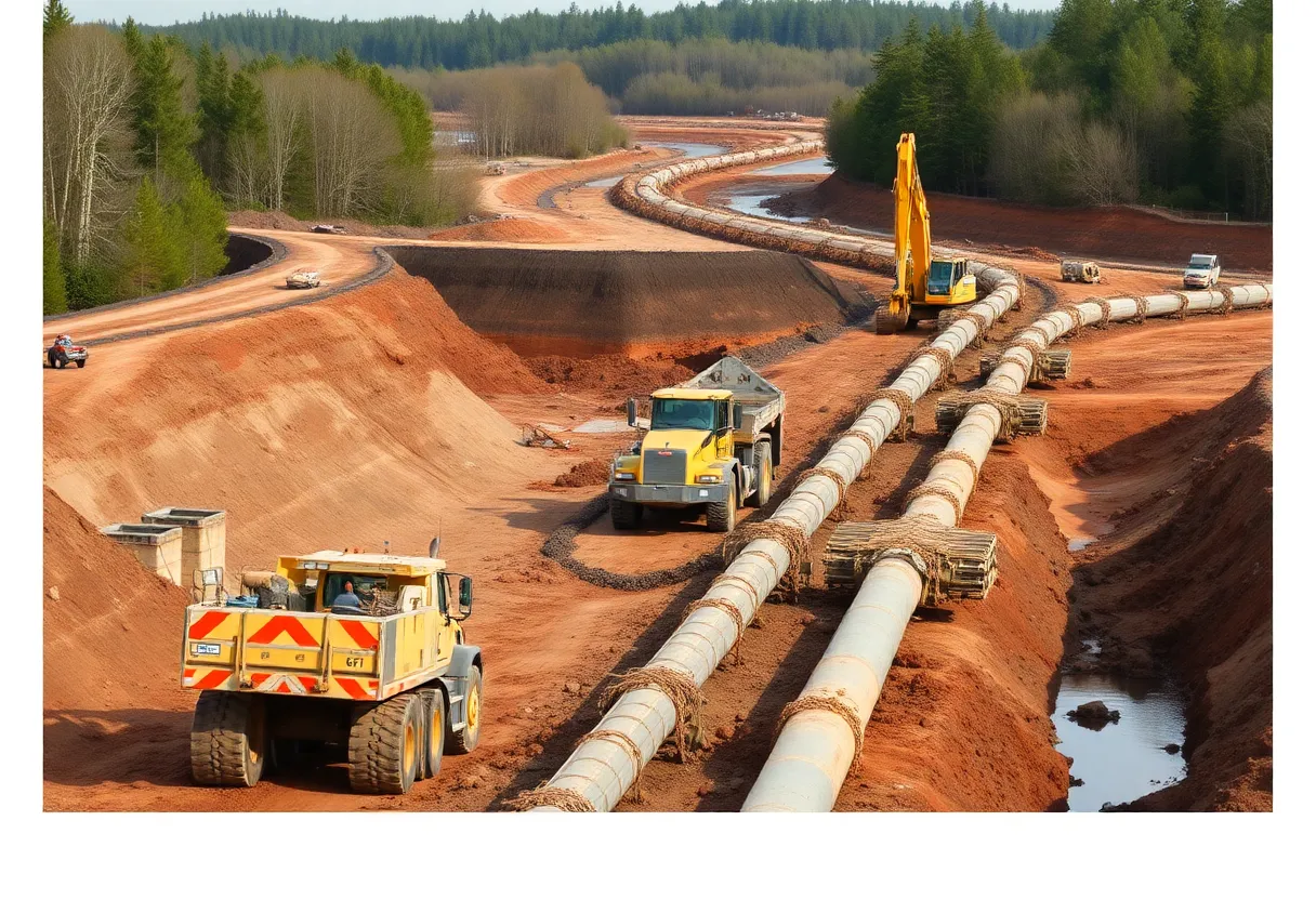 Aerial view of Line 5 pipeline tunnel construction site near water.