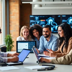 Marketers collaborating on AI app building in a modern office.