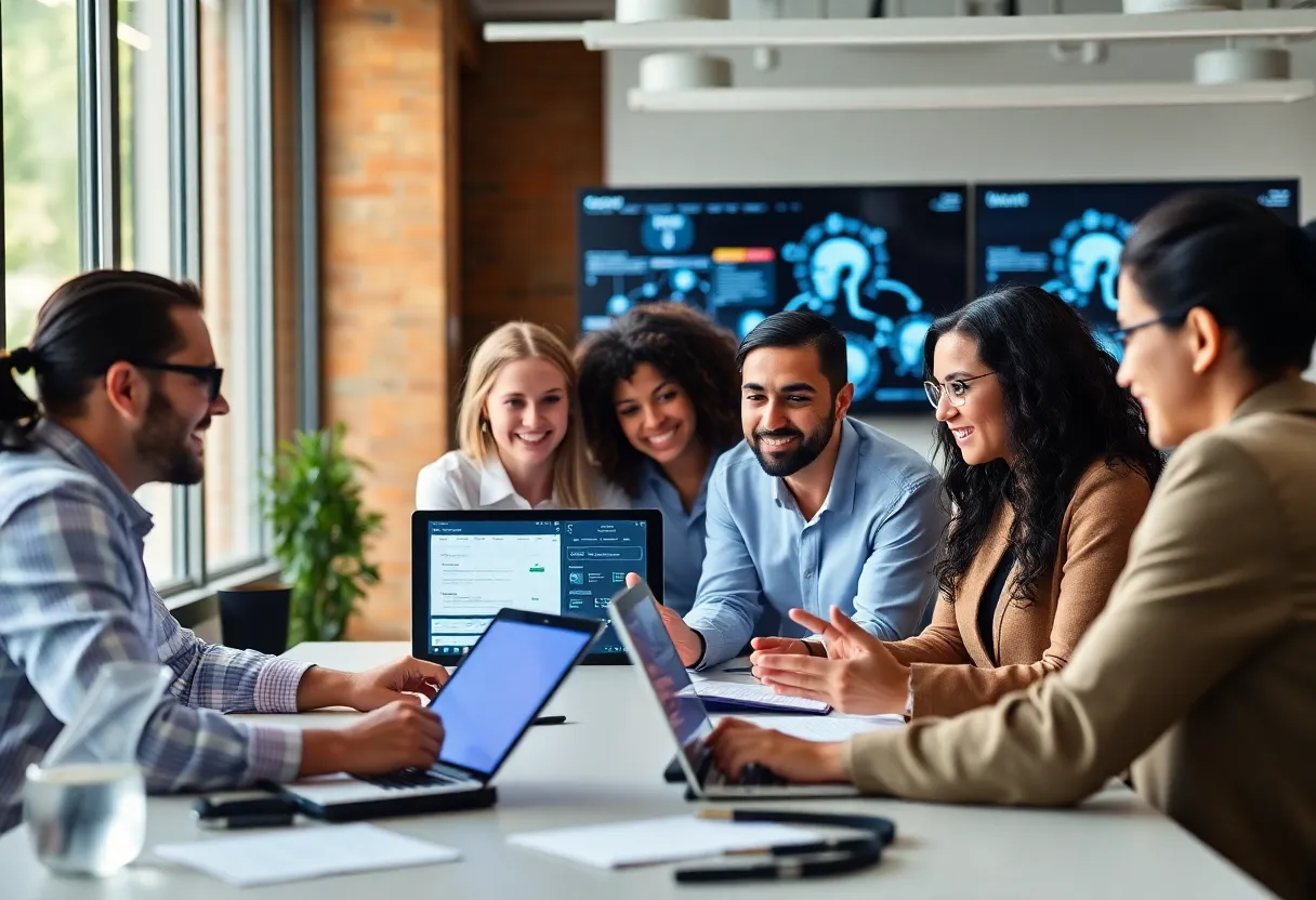 Marketers collaborating on AI app building in a modern office.