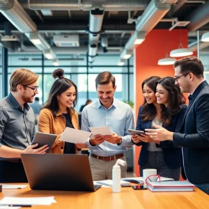 A diverse team of marketers working together in a modern office space.