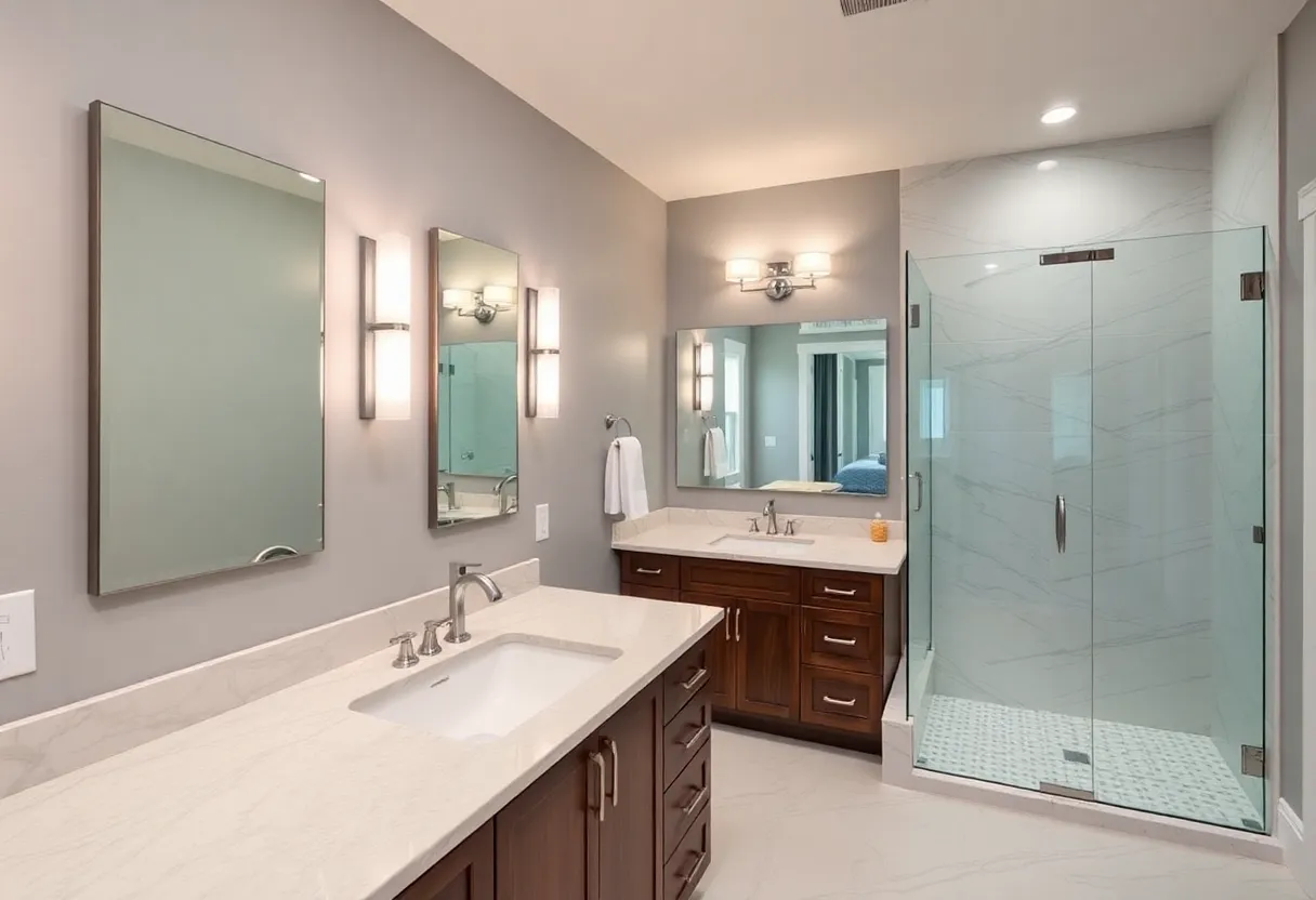 Renovated master bathroom with double vanity and modern fixtures