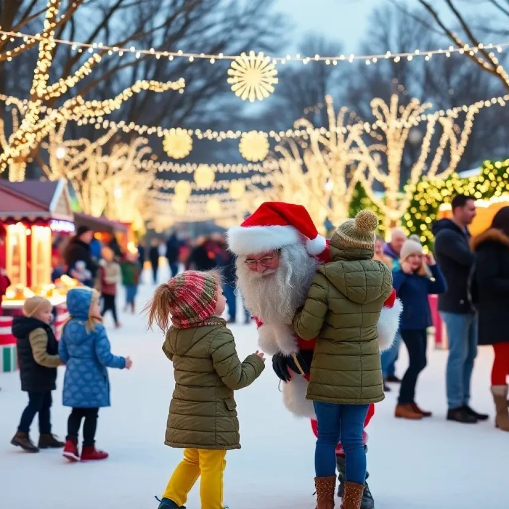 Celebration of holiday events in Metro Detroit with lights and families enjoying the Christmas season.