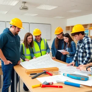 Students learning about construction licensing in a classroom