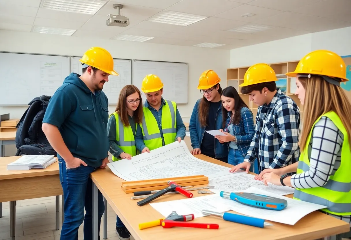 Students learning about construction licensing in a classroom