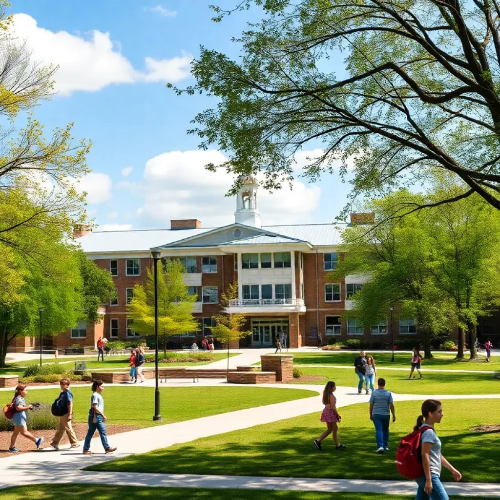 A picturesque school campus in Michigan showcasing students in outdoor activities.