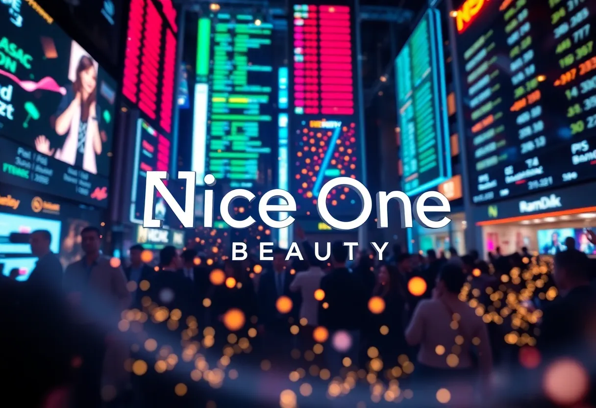 Celebration of Nice One Beauty IPO with stock market ambiance