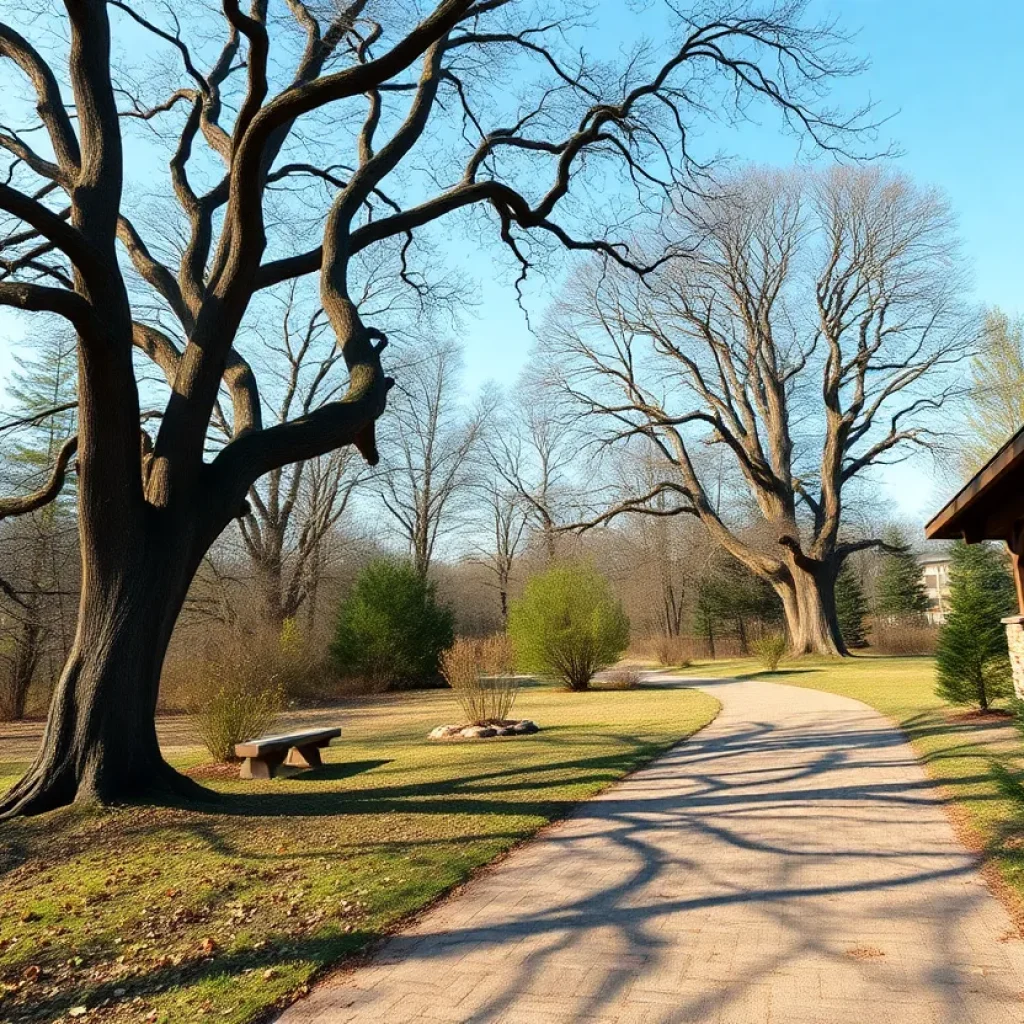 Nature center with a peaceful trail and tall trees, reflecting community support and remembrance.