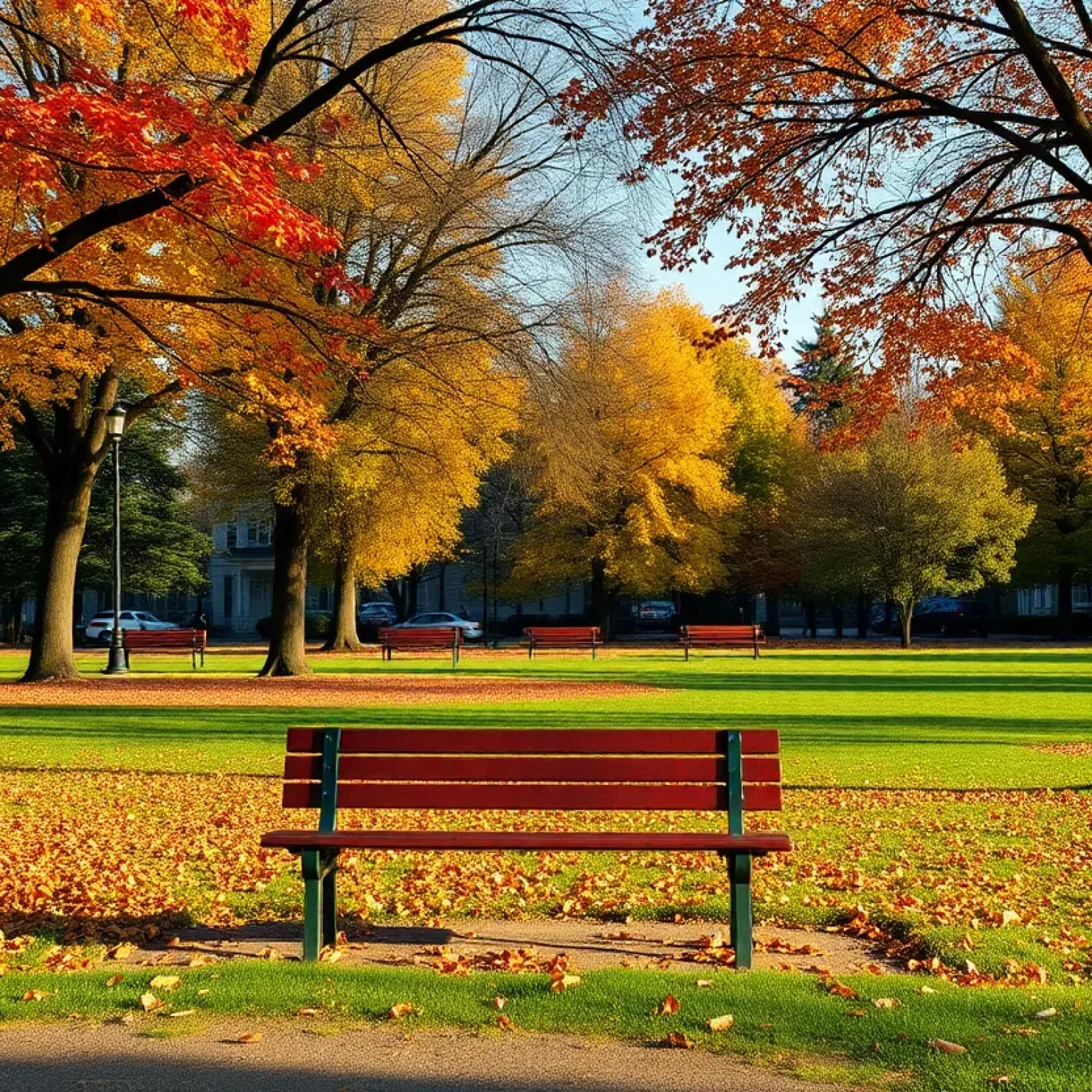 Empty bench in Northville park during autumn