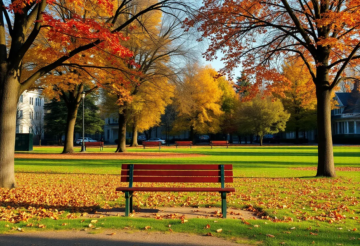 Empty bench in Northville park during autumn