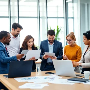 Group of professionals discussing SEO job opportunities