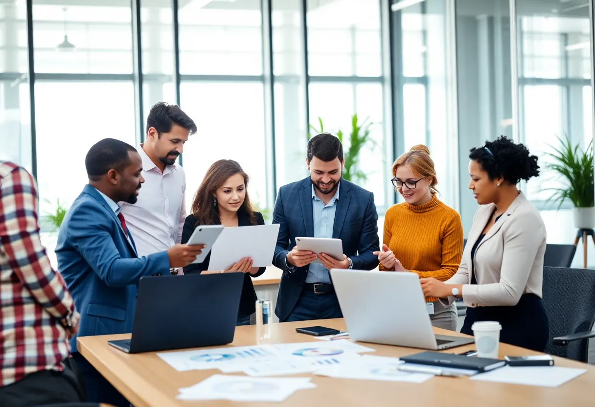 Group of professionals discussing SEO job opportunities