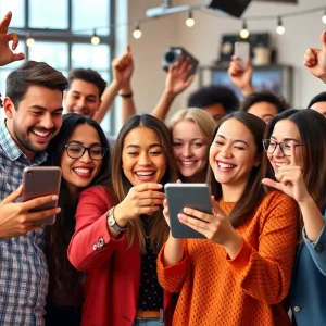 Diverse group interacting with social media content