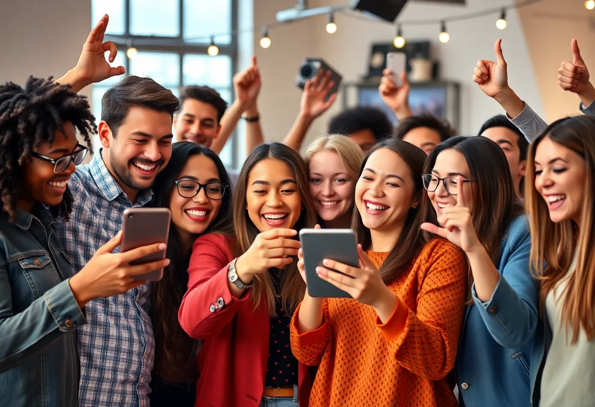 Diverse group interacting with social media content