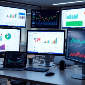 A visual representation of social media management tools on computer screens featuring analytics and AI integrations.