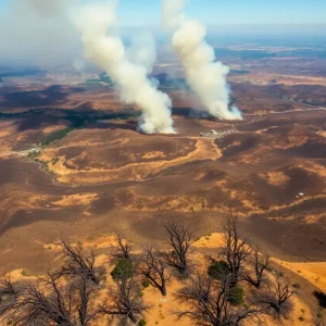 Aerial view of wildfire damage in Southern California with smoke and burnt land.