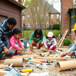 Residents discussing home repairs in a Detroit neighborhood