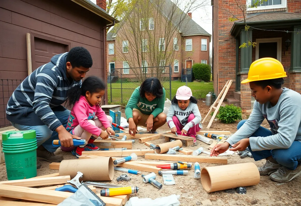 Residents discussing home repairs in a Detroit neighborhood