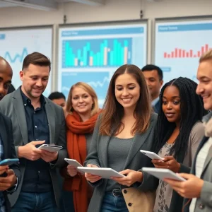 A diverse group of individuals taking a survey with technology in the background.