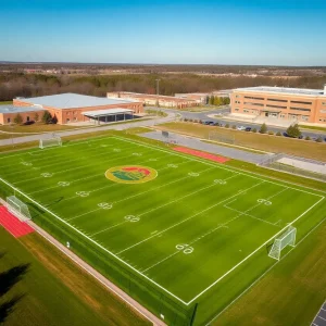 Synthetic turf athletic field at Mount Pleasant High School with spectators.
