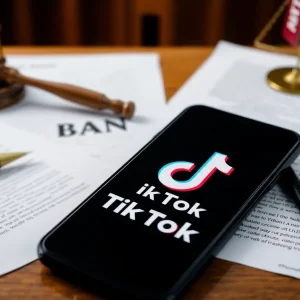 A courtroom debate on TikTok's future with legal documents and a smartphone.