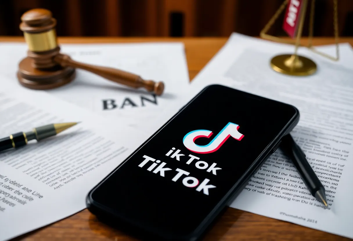 A courtroom debate on TikTok's future with legal documents and a smartphone.