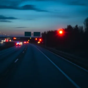 Police lights illuminating a dimly lit freeway at night