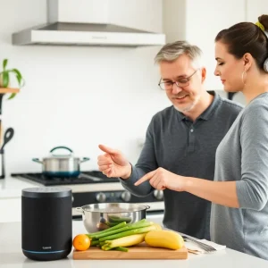 A woman cooking in the kitchen using voice search to add items to her shopping cart