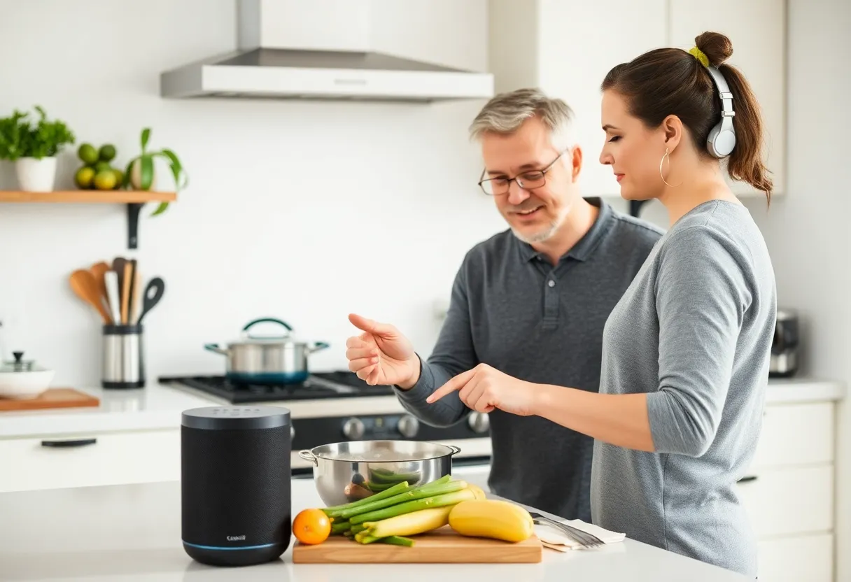 A woman cooking in the kitchen using voice search to add items to her shopping cart