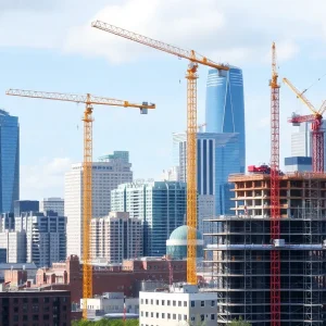 Construction site in West Michigan with cranes and workers