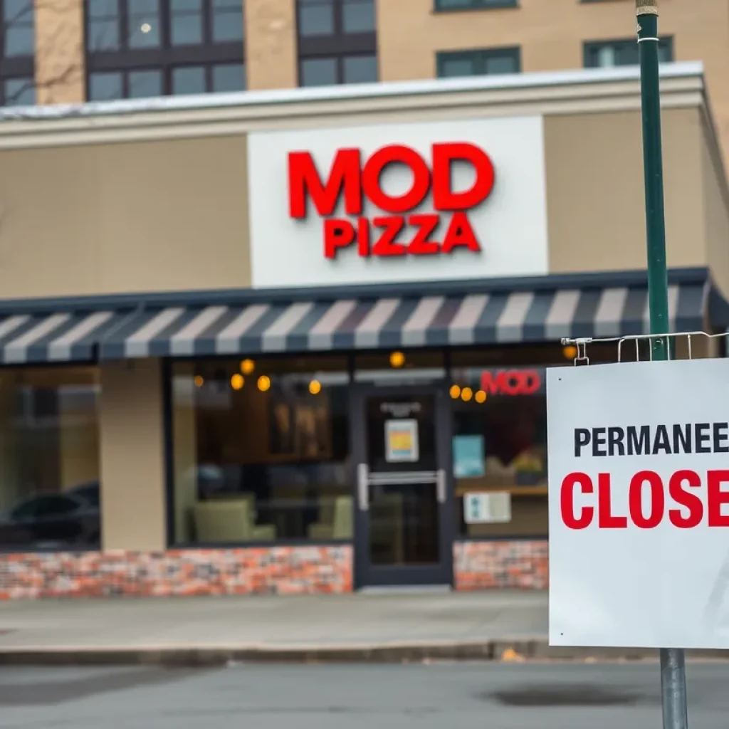 Sign showing the permanent closure of MOD Pizza in Grand Rapids, Michigan