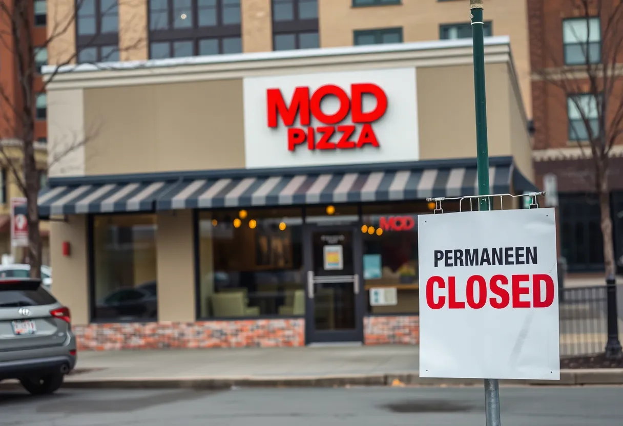 Sign showing the permanent closure of MOD Pizza in Grand Rapids, Michigan