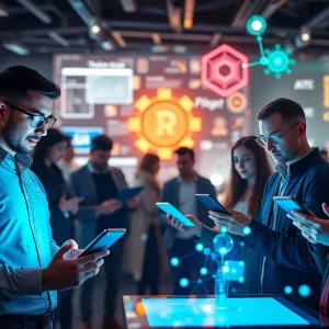 A futuristic depiction of conversion marketing with diverse people engaging with technology.