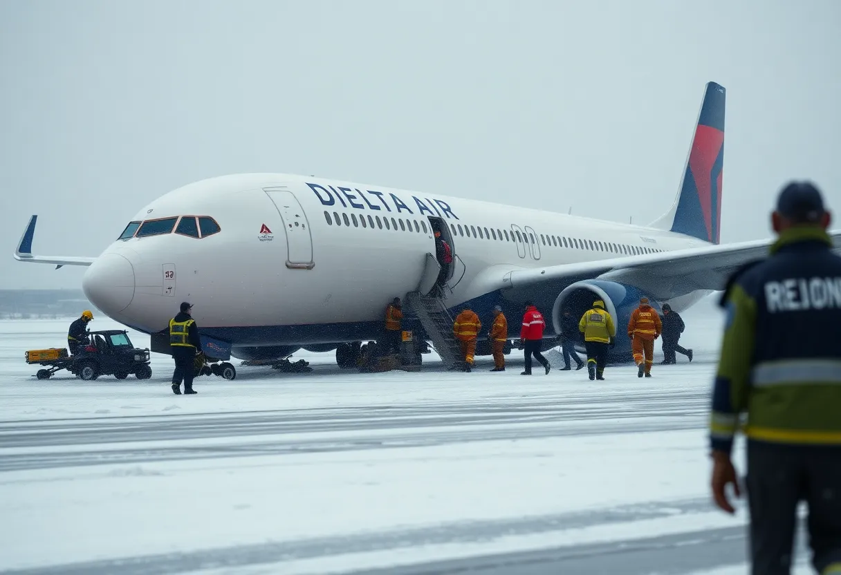 Emergency responders assisting after a Delta Air Lines crash landing