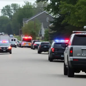 Emergency response vehicles at a residential area during a standoff in Farmington, MI.