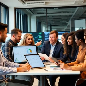 Diverse team discussing mid-market marketing strategies in office