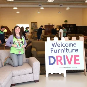 Community members participating in Gorman's Housewarming Party donating furniture and household items.