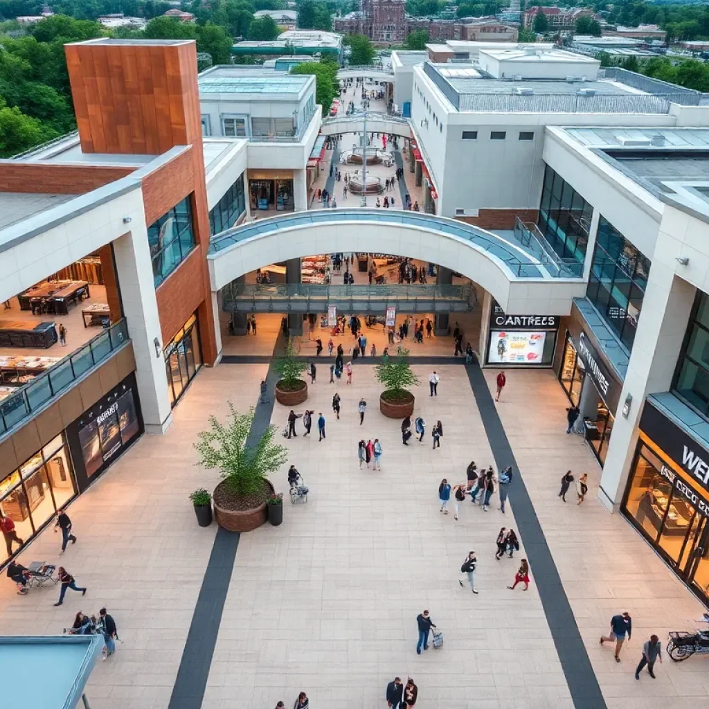 Aerial view of Indiana retail centers bustling with activity.